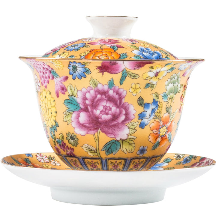 Taza de té y platillo con tapa, Gaiwan Sancai de cerámica, flores de peonía, Buddha Stones , Kung Fu