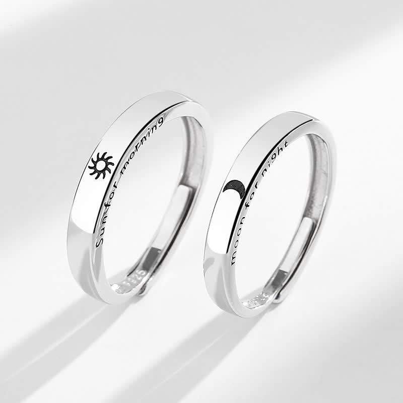 Anillo de pareja ajustable con protección solar y luna de plata de ley 925 con Buddha Stones