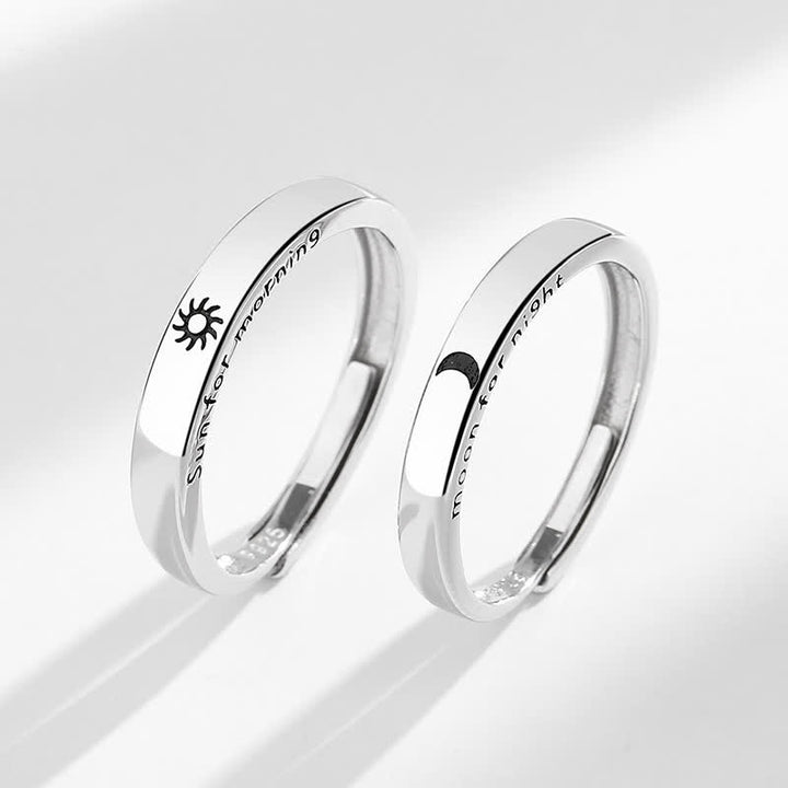 Anillo de pareja ajustable con protección solar y luna de plata de ley 925 con Buddha Stones
