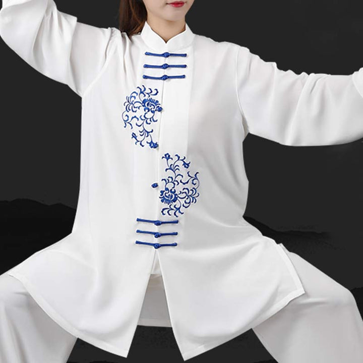 Buddha Stones Conjunto de ropa unisex para práctica de meditación, oración, tai chi y qigong con bordado de flores - image 9