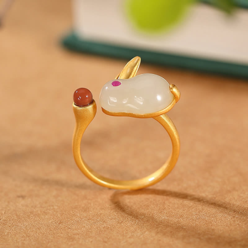 Buddha Stones Plata de Ley 925 Año del Conejo Hetian Jade Anillo de la Suerte Pendientes Collar Colgante