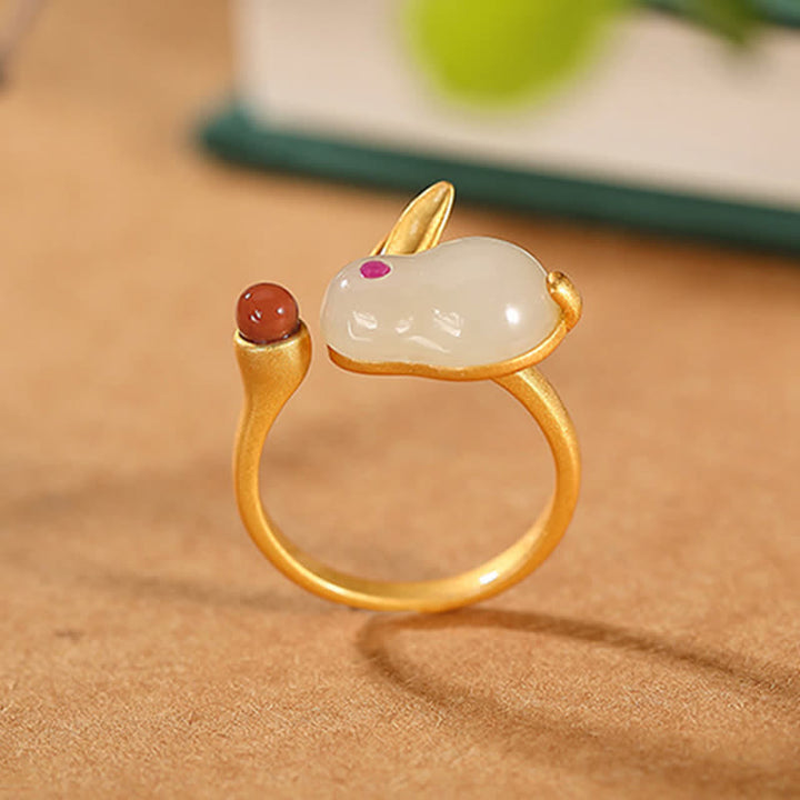 Buddha Stones Plata de Ley 925 Año del Conejo Hetian Jade Anillo de la Suerte Pendientes Collar Colgante