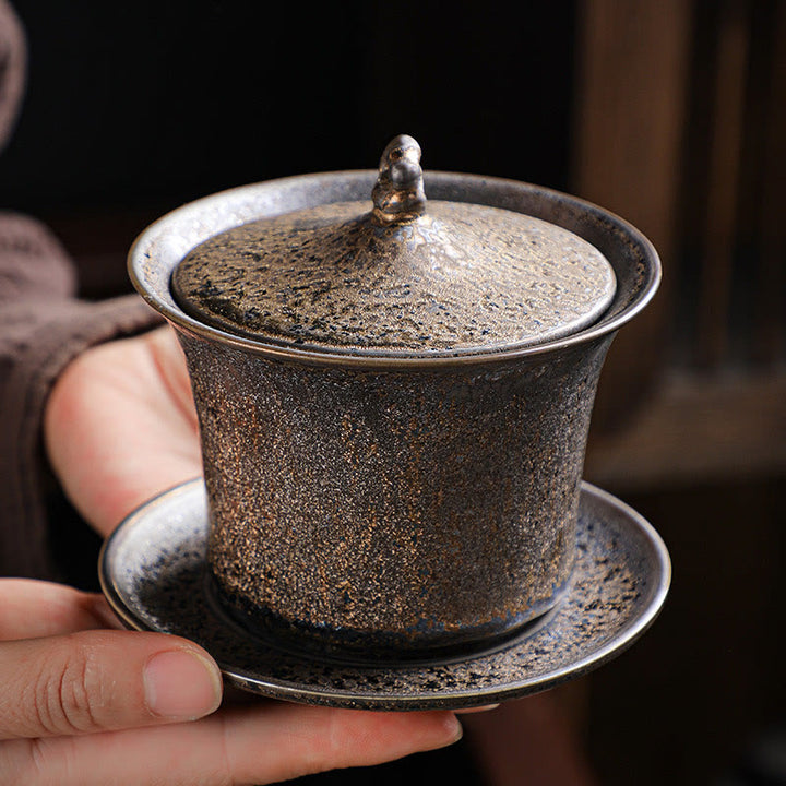 Taza de té y platillo de cerámica con esmalte de óxido Retro, Buddha Stones , Gaiwan Sancai, Kung Fu, con tapa