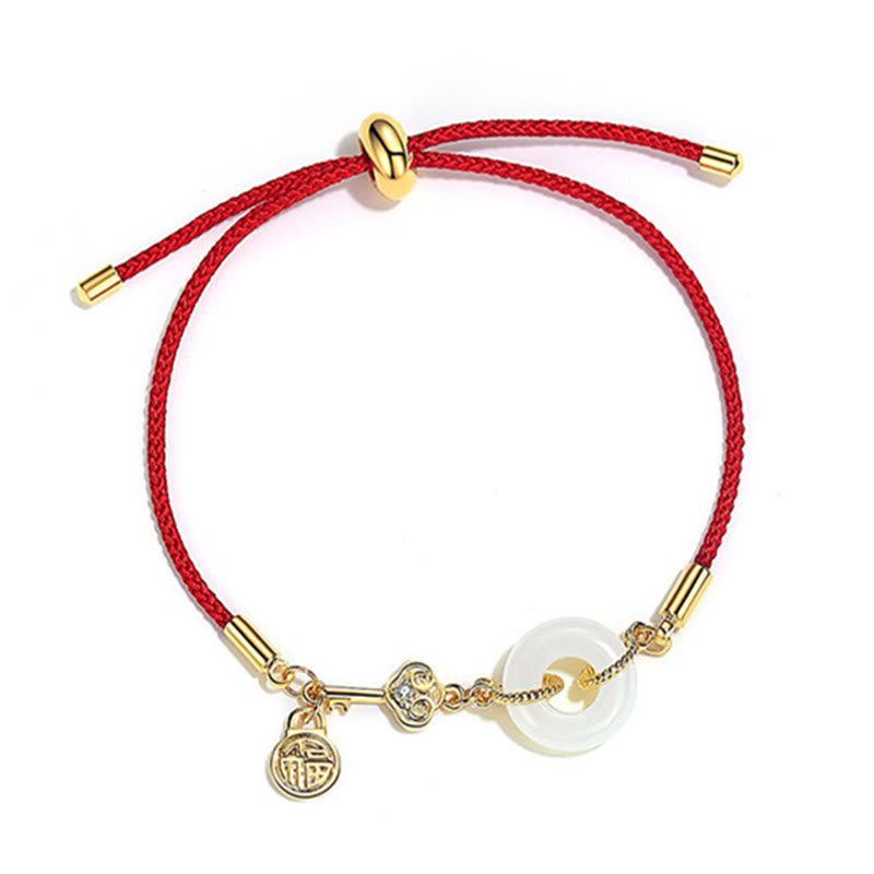 Pulsera de cuerda roja con hebilla de paz de jade hetiano chapado en oro de 18 quilates con Buddha Stones