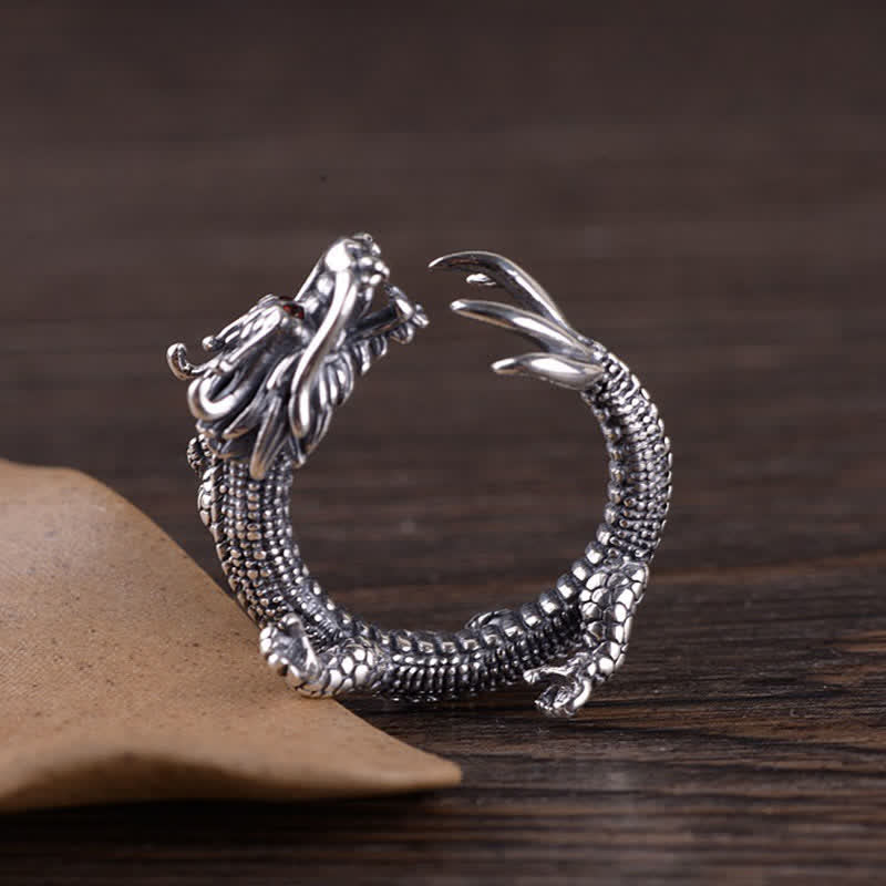 Anillo de protección de la suerte del dragón de plata de ley 925