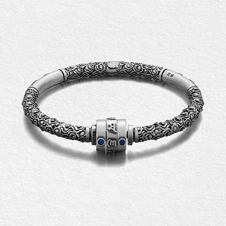 Pulsera de creatividad grabada con Buddha Stones de plata de ley 990, nubes auspiciosas tibetanas, Om Mani Padme Hum