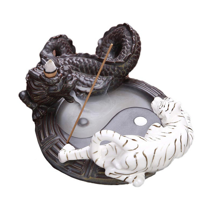Fuente de humo de reflujo de dragón tigre, decoración de quemador de incienso de bendición Yin Yang de cerámica