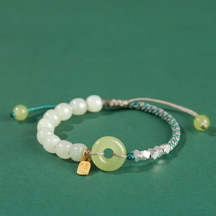 Pulsera de plata de ley 925 con hebilla de paz y jade hetiano con cuentas de suerte y felicidad