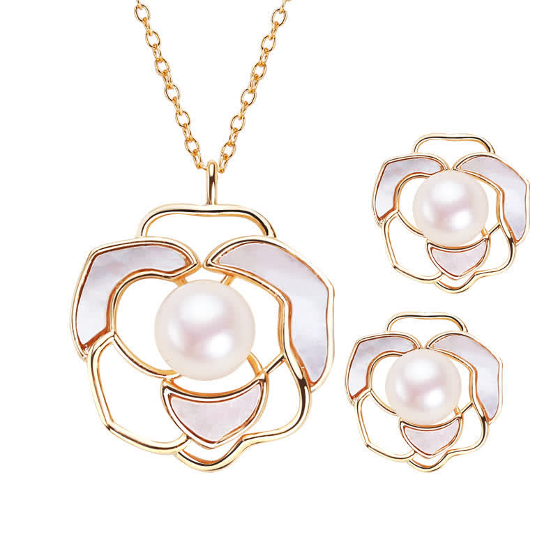 Pendientes con colgante de collar de felicidad con diseño de camelia y perlas de plata de ley 925 con Buddha Stones