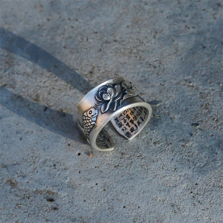 Anillo de plata de ley 999 con diseño de corazón de loto y pez koi de la suerte