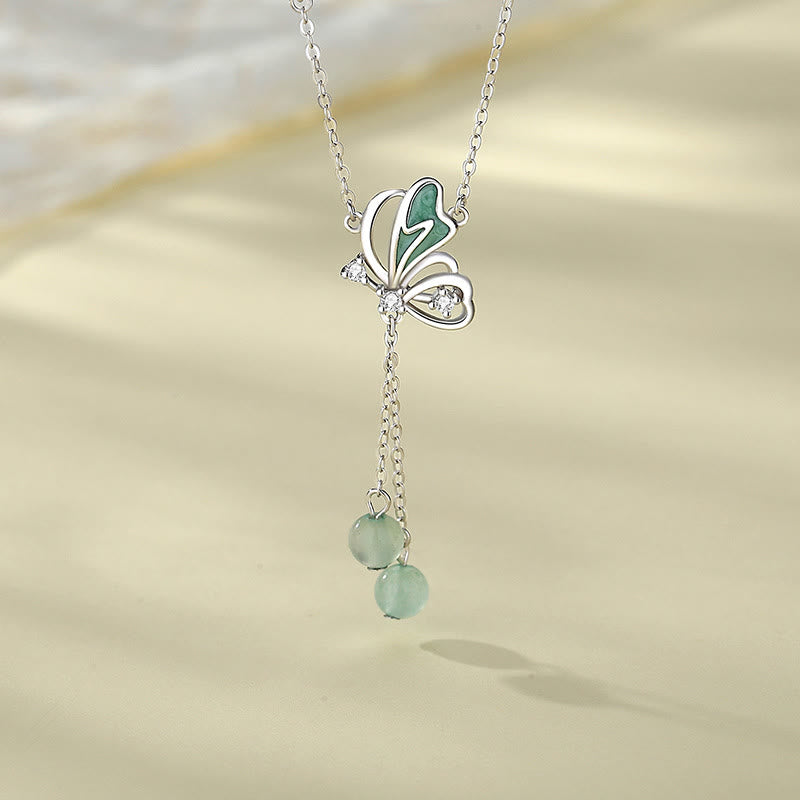 Juego de pendientes con colgante de collar de la suerte de mariposa de aventurina verde natural de plata de ley 925 con Buddha Stones