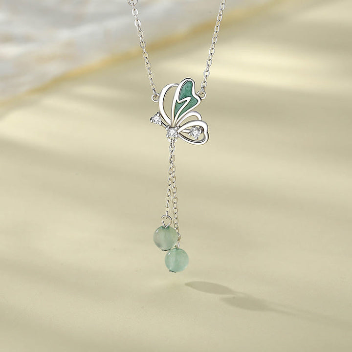 Juego de pendientes con colgante de collar de la suerte de mariposa de aventurina verde natural de plata de ley 925 con Buddha Stones