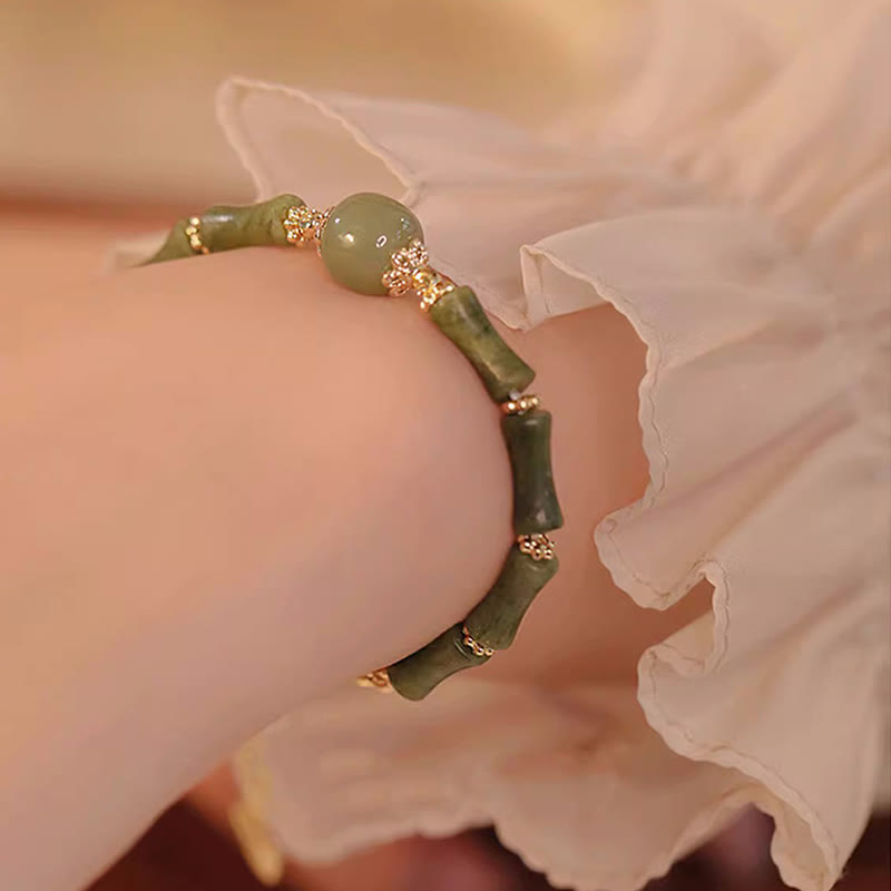 Pulsera de la suerte con patrón de bambú de jade hetiano, peridoto chapado en cobre de 14 quilates con Buddha Stones