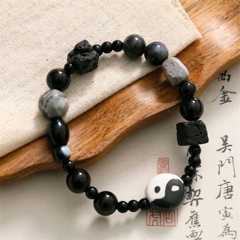 Pulsera de protección de la fortuna Yin Yang con cuentas de jaspe Picasso de ónix negro y Buddha Stones