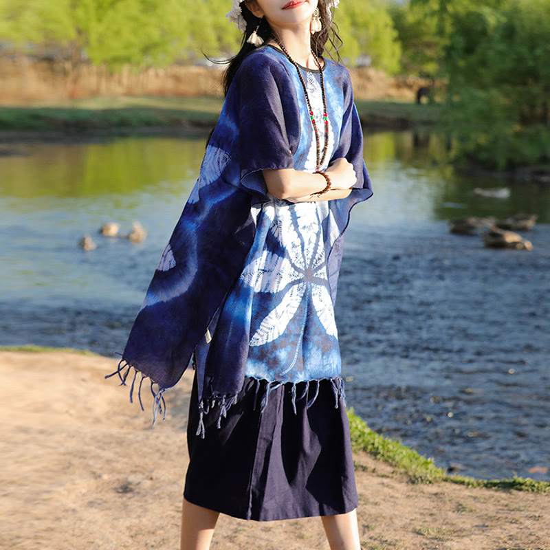 Jersey de viaje acogedor con borlas y chal de Batik azul con Buddha Stones , 95x90cm