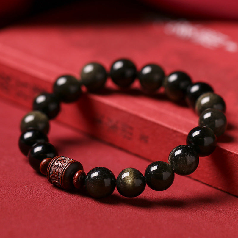 Pulsera curativa con carácter de obsidiana arcoíris de obsidiana con brillo de oro natural con Buddha Stones Om Mani Padme Hum Fu