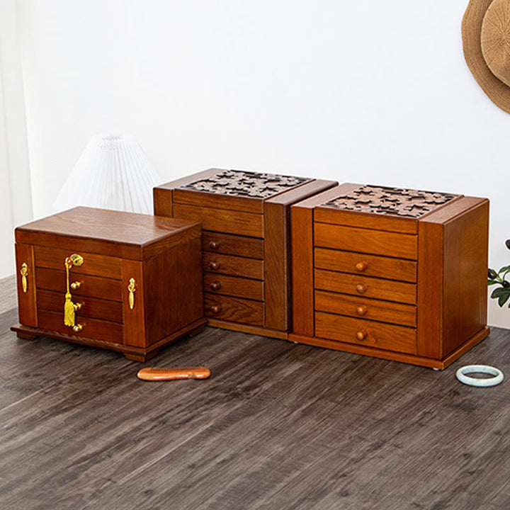 Caja de almacenamiento de joyería de madera de gran capacidad Vintage con Buddha Stones con espejo
