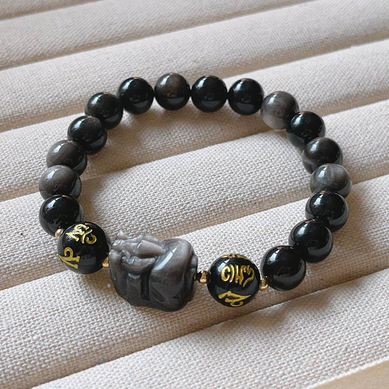 Buddha Stones Plata natural Brillo Obsidiana Obsidiana negra Om Mani Padme Hum Pixiu Pulsera de protección