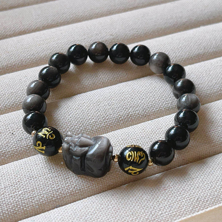 Buddha Stones Plata natural Brillo Obsidiana Obsidiana negra Om Mani Padme Hum Pixiu Pulsera de protección