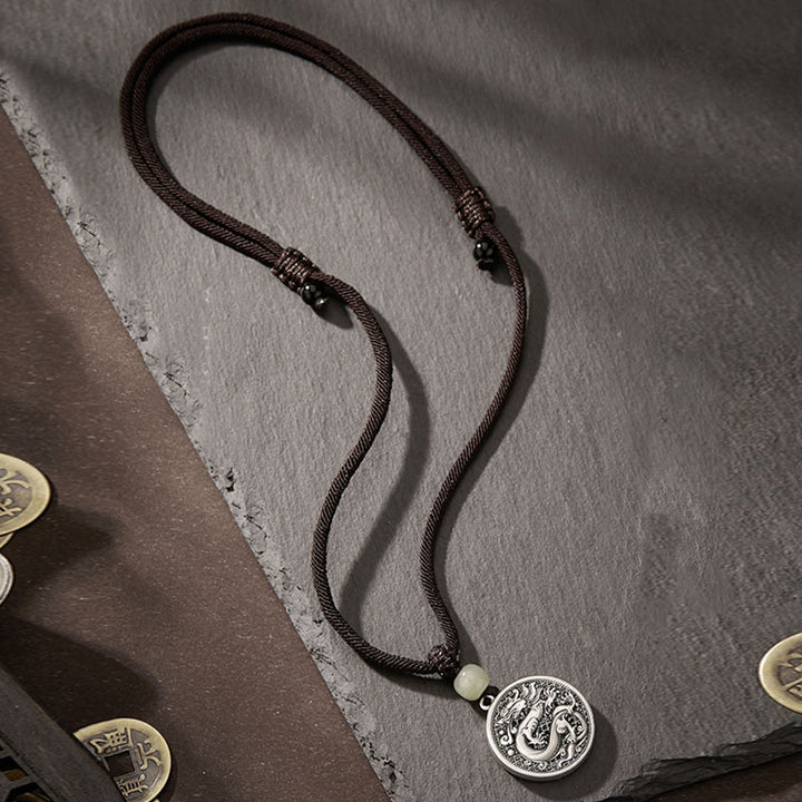 Collar con colgante de plata de ley 999 con Buddha Stones, diseño del año del dragón Fu, con carácter de jade hetiano