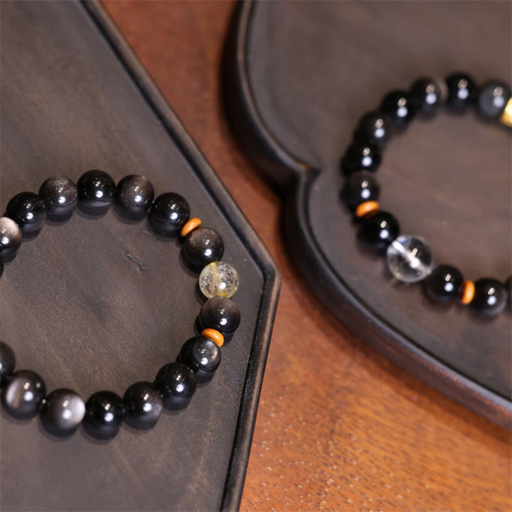 Pulsera de protección de cuentas Om Mani Padme Hum de cristal de obsidiana brillante de plata Natural con Buddha Stones