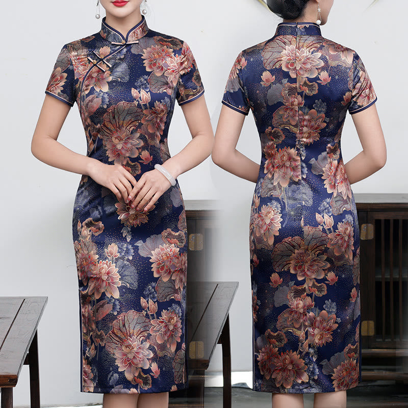 Vestido Cheongsam para mujer con estampado de plumas de peonía y flor de loto Retro con Buddha Stones - Loto púrpura - US16, UK/AU20, EU48 (5XL) - image 13