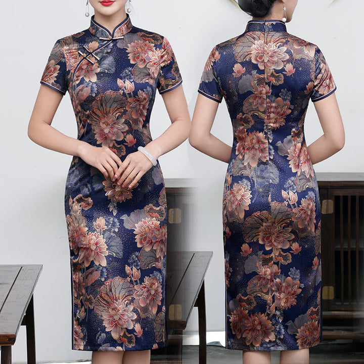 Vestido Cheongsam para mujer con estampado de plumas de peonía y flor de loto Retro con Buddha Stones - Loto púrpura - US16, UK/AU20, EU48 (5XL) - image 13