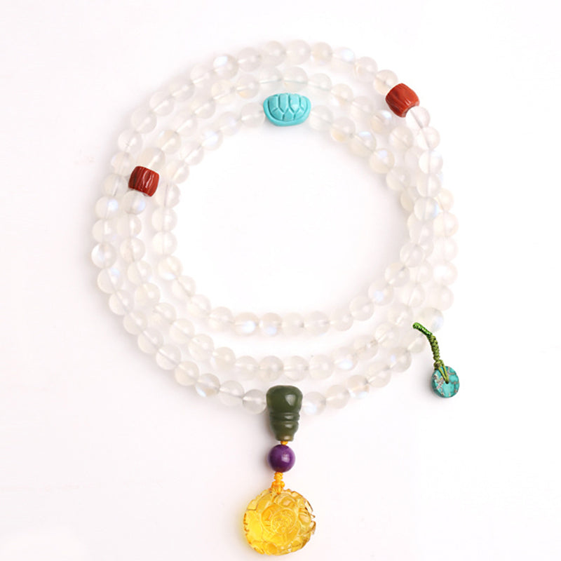 Buddha Stones 108 cuentas Mala piedra lunar ámbar loto turquesa pulsera curativa de cristal