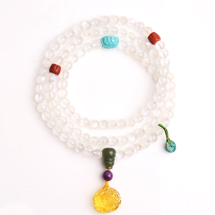 Buddha Stones 108 cuentas Mala piedra lunar ámbar loto turquesa pulsera curativa de cristal