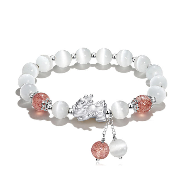 Pulsera de soporte PiXiu de cuarzo fresa, piedra lunar, ojo de gato natural, Buddha Stones