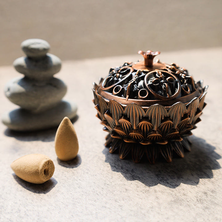 Quemador de incienso purificador en forma de loto tibetano con Buddha Stones