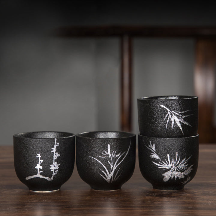 Buddha Stones, flor de loto pintada a mano, crisantemo de bambú, cerámica negra, taza de té de cerámica, taza de té de Kung Fu 95ml