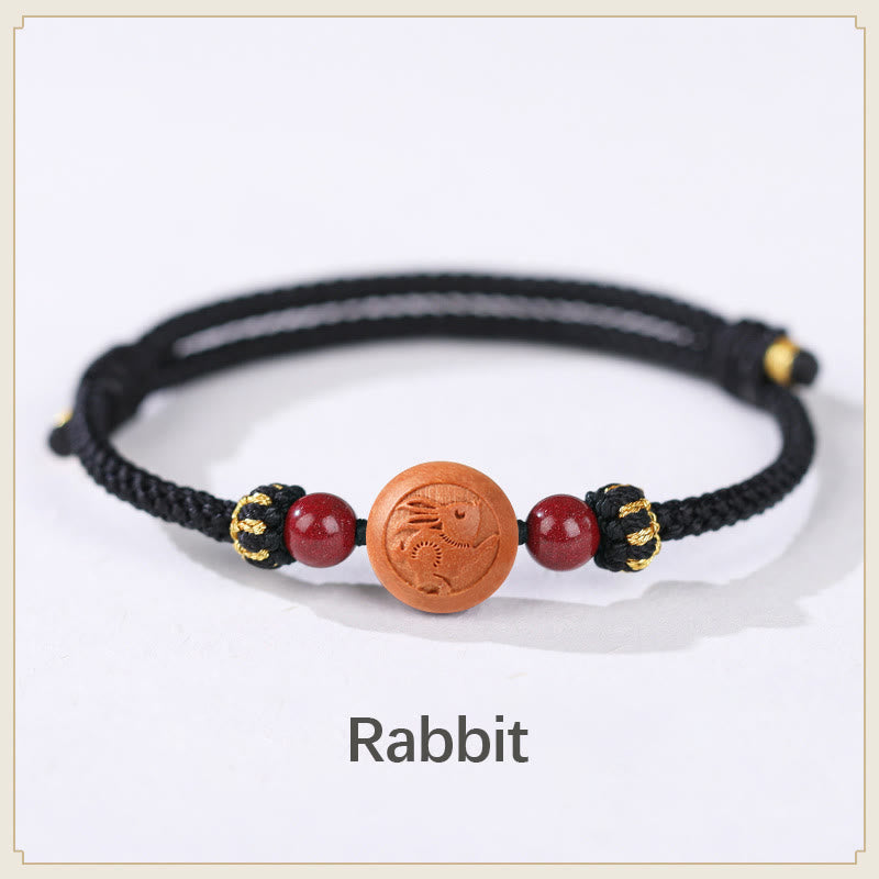 Pulsera de riqueza de cinabrio tallada con carácter del zodíaco chino, madera de melocotón Natural, Buddha Stones