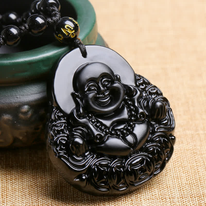Collar con colgante de protección de fuerza de obsidiana negra de Buda sonriente con Buddha Stones - image 2