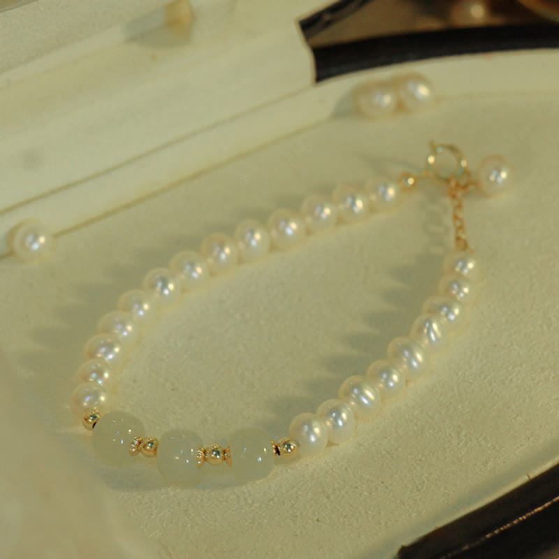 Pulsera de cadena de cuentas de sinceridad de jade blanco de jade cian hetiano de perlas naturales chapadas en oro de 14 quilates