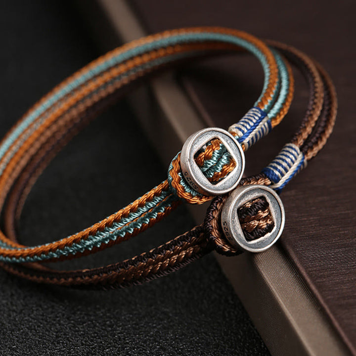 Pulsera de hilo de tejido de protección de botón hecha a mano de plata de ley 925 con Buddha Stones