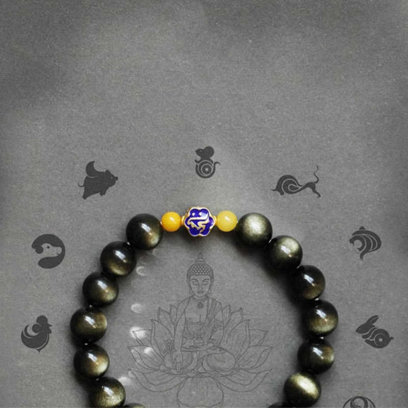 Pulsera de protección de la riqueza, Plata de Ley 925 con Buddha Stones , zodíaco chino, Buda natal, brillo de oro Natural, obsidiana, ámbar