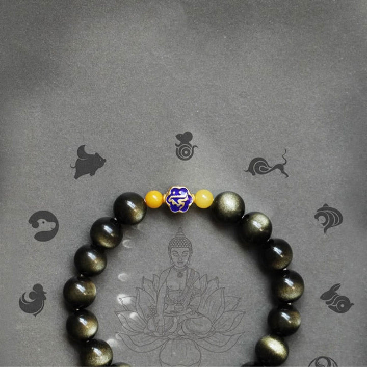 Pulsera de protección de la riqueza, Plata de Ley 925 con Buddha Stones , zodíaco chino, Buda natal, brillo de oro Natural, obsidiana, ámbar