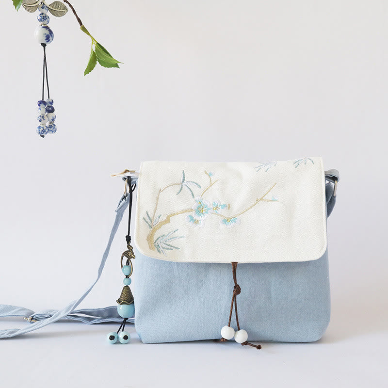 Bolso bandolera de lona con flores de ciruelo bordadas hechas a mano con Buddha Stones