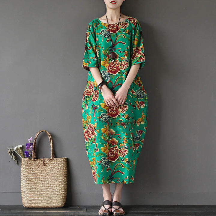 Vestido midi con estampado de flores de peonía roja y Buddha Stones Vestido de lino y algodón de media manga
