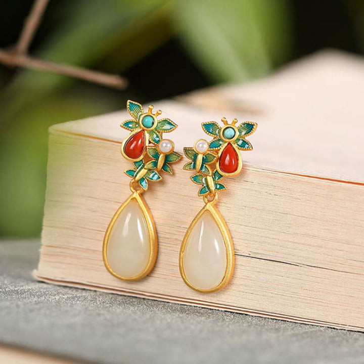 Pendientes colgantes con forma de gota de agua , Buddha Stones , Jade blanco, ágata roja, mariposa