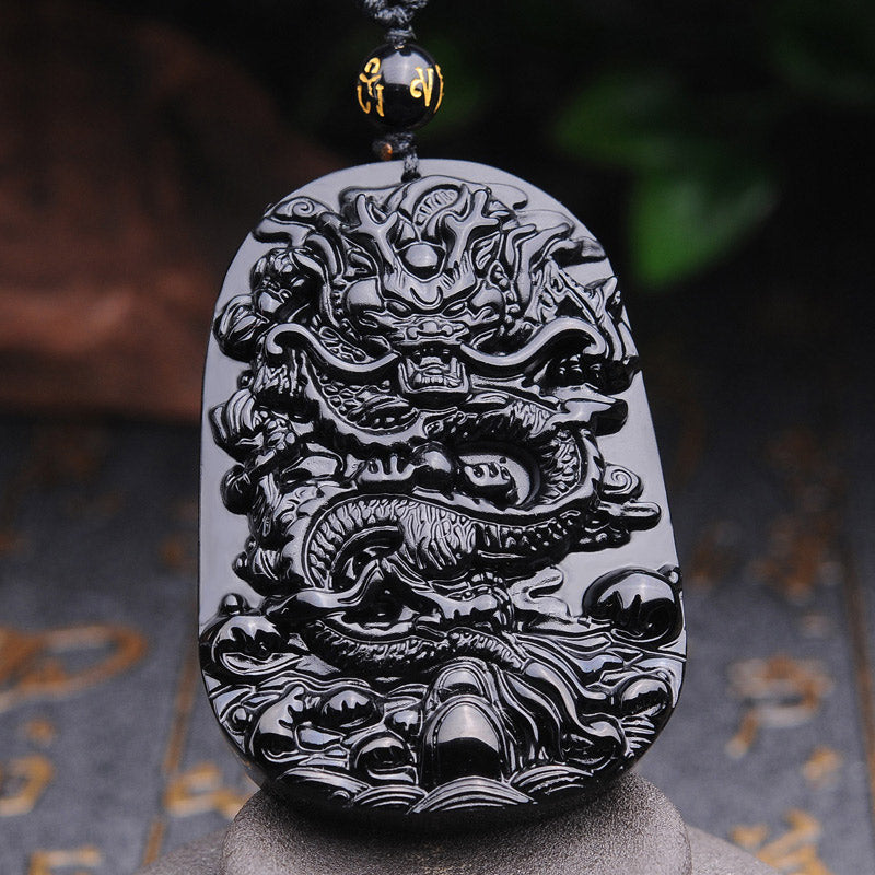 Collar con colgante de cumplimiento de dragón de piedra de obsidiana negra de Buddha Stones - image 2