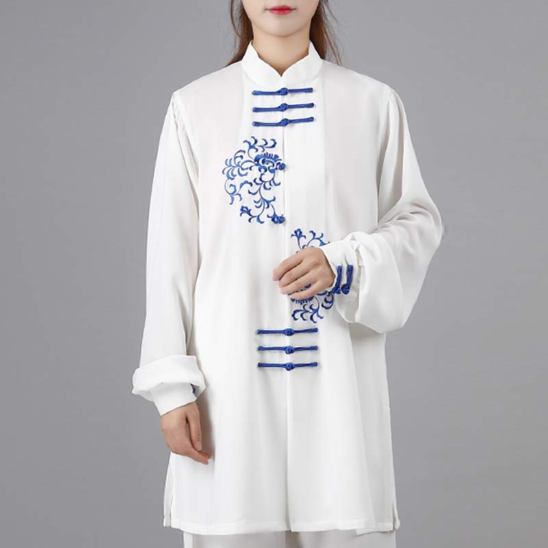 Buddha Stones Conjunto de ropa unisex para práctica de meditación, oración, tai chi y qigong con bordado de flores - image 3