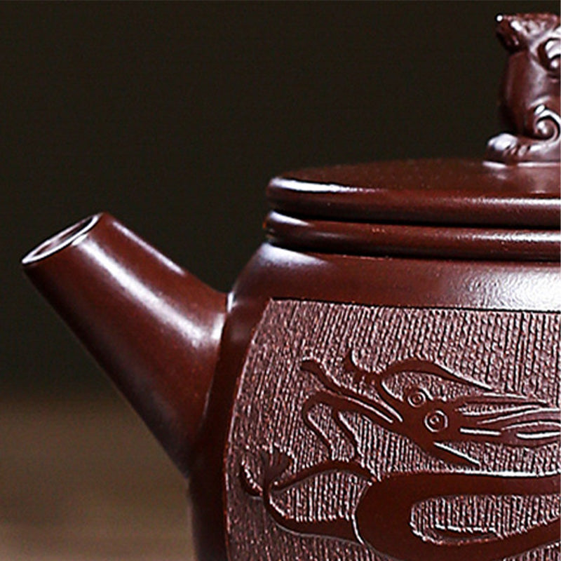 Tetera de kungfú de arcilla púrpura con dragón marrón hecha a mano de Buddha Stones Yixing, 240ml