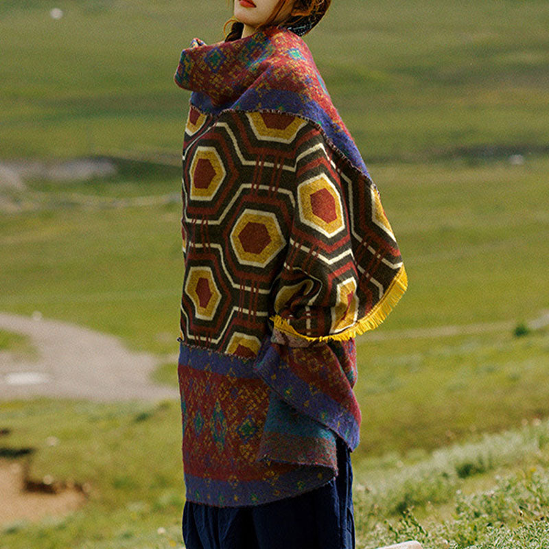 Mantón tibetano de Buddha Stones, patrón de formas geométricas, marrón, azul y rojo, bufanda de viaje acogedora para invierno