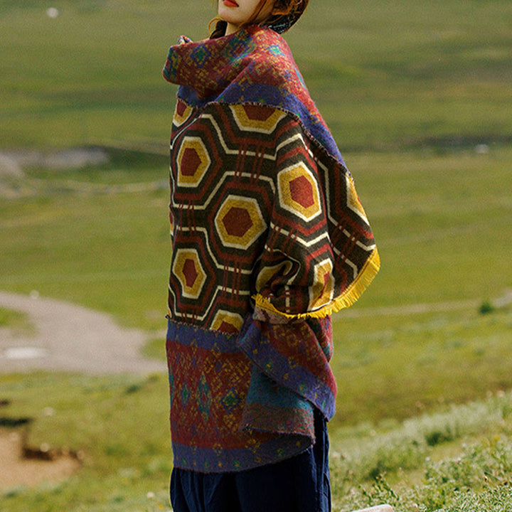 Mantón tibetano de Buddha Stones, patrón de formas geométricas, marrón, azul y rojo, bufanda de viaje acogedora para invierno