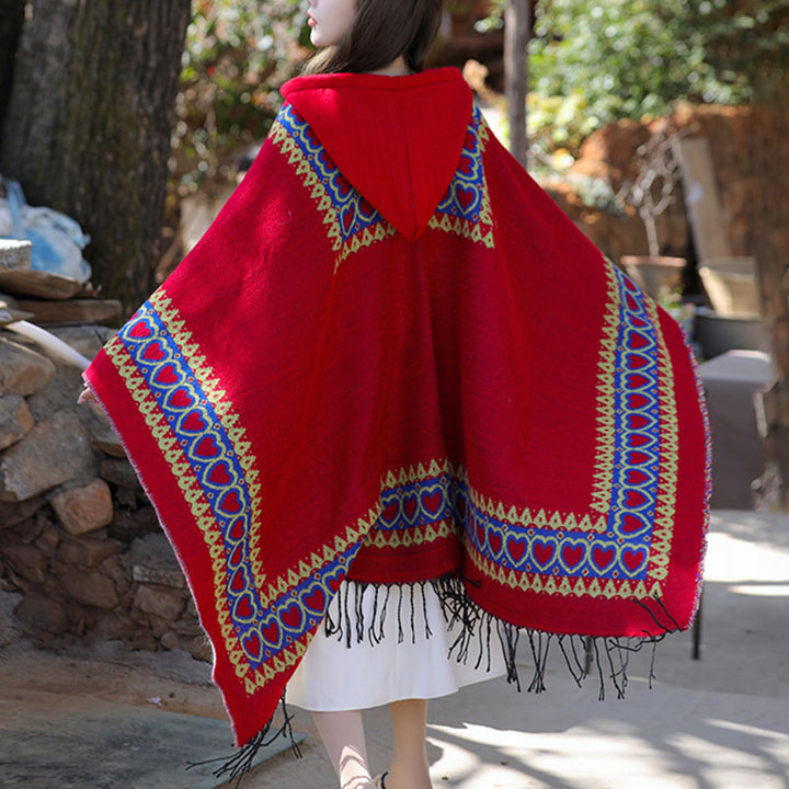 Mantón tibetano de Buddha Stones , capa con capucha y borla de corazón de amor rojo, bufanda de viaje acogedora para invierno