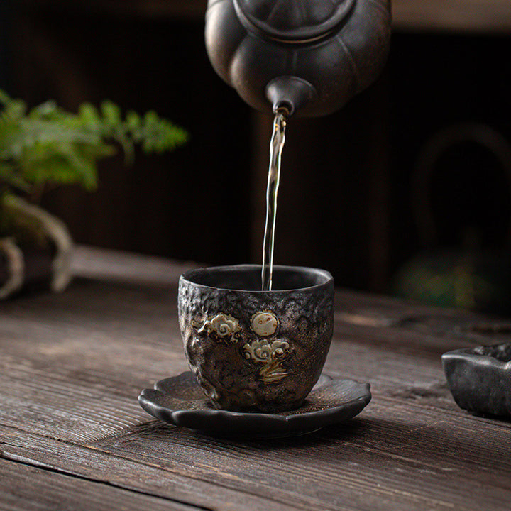 Taza de té de cerámica con Buddha Stones, hoja de vaina de loto, flor, nubes propicias, taza de té de Kung Fu