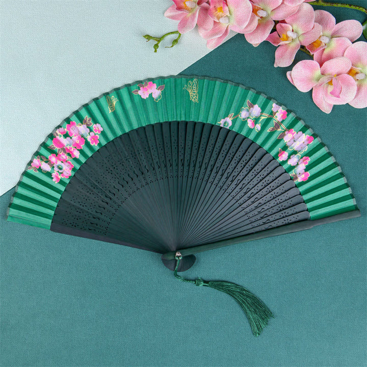 Abanico plegable de bambú de seda de mano con Buddha Stones , flor de cerezo, Sakura y Camelia, 21cm