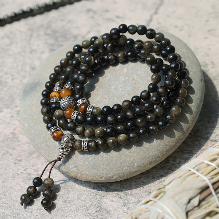 Collar Pulsera Energía Obsidiana Dorada